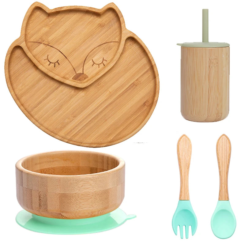 Ecolittle Bamboo Divided Plate & Bowl Feeding Set – Mint