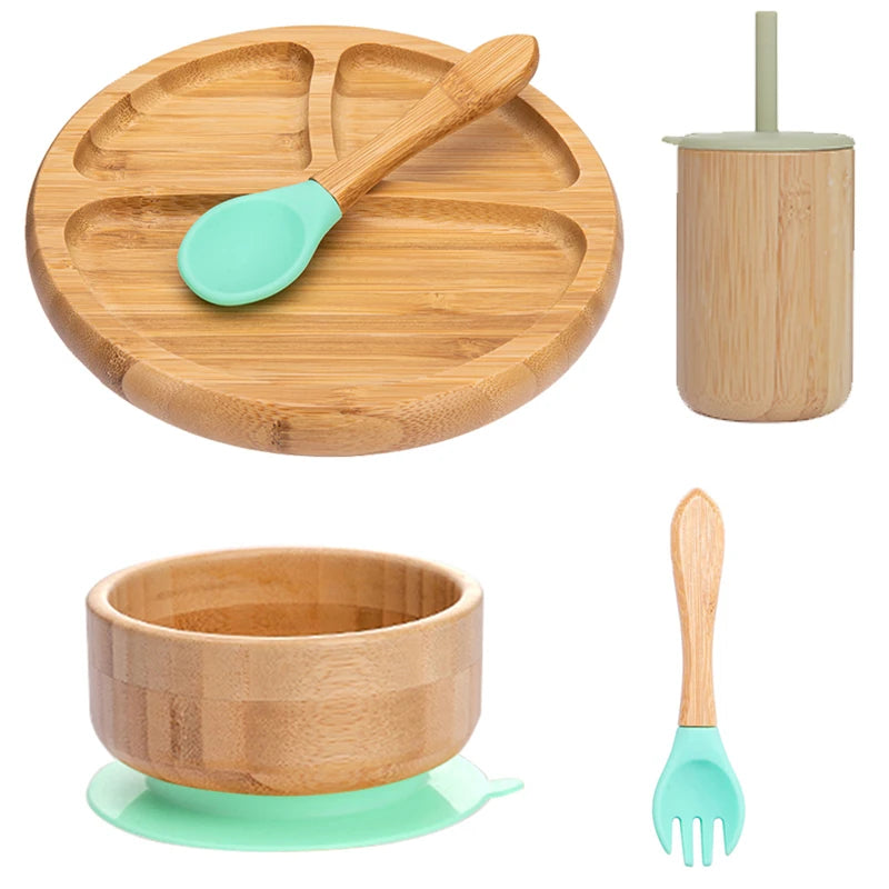 Ecolittle Bamboo Divided Plate & Bowl Feeding Set – Mint