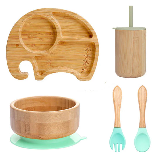 Ecolittle Bamboo Divided Plate & Bowl Feeding Set – Mint