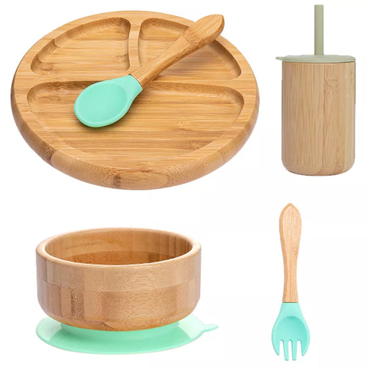 Ecolittle Bamboo Divided Plate & Bowl Feeding Set – Mint